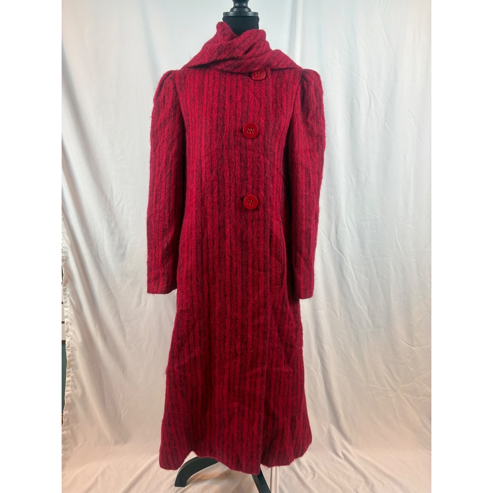 Vintage Pauline Trigere Red Black‎ Stripe Mohair Wool Maxi Coat Scarf Collar 10